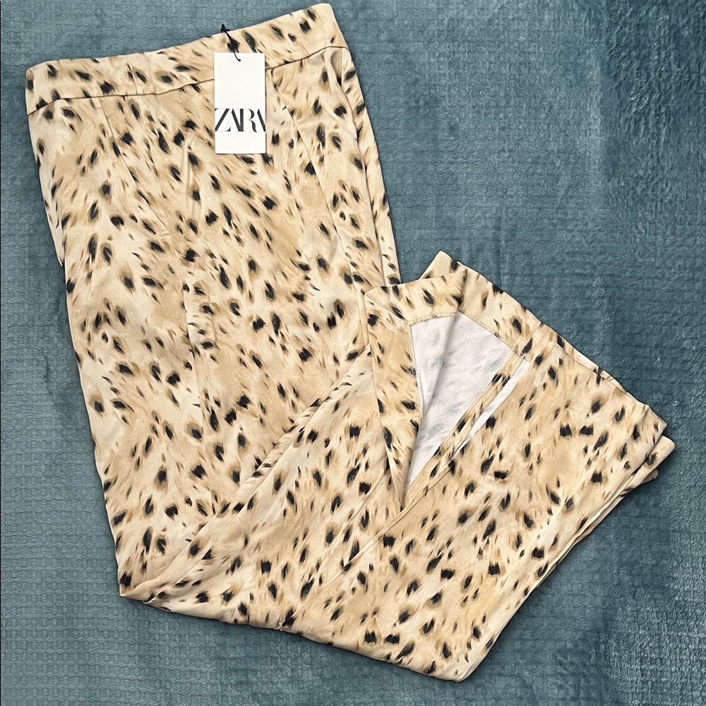 ZARA Womens NWT Satin Animal Print Pants with Side Slit - XL - 32” inseam